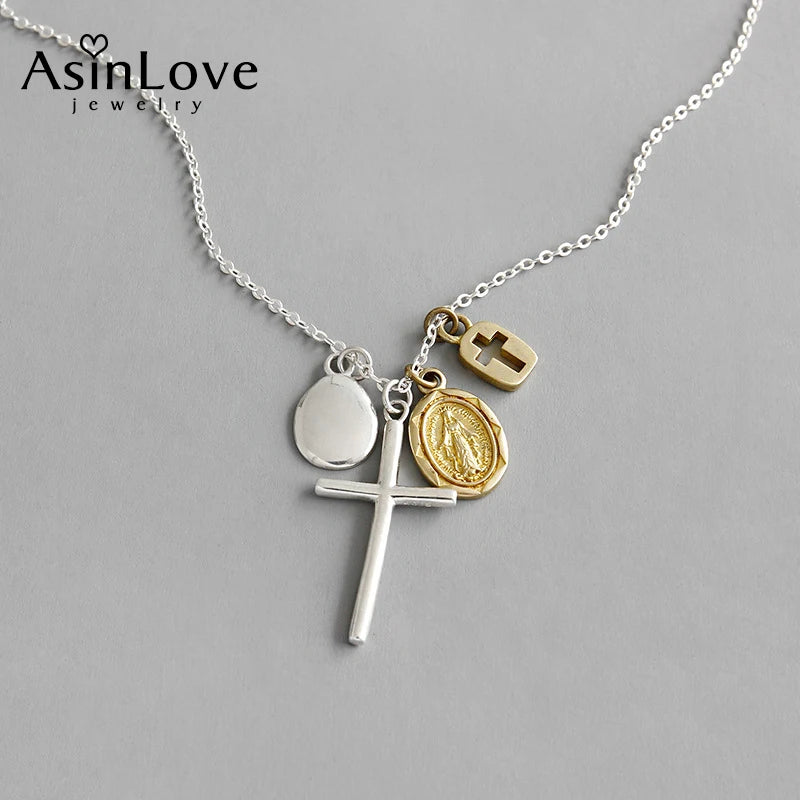 925 Sterling Silver Necklace Cross Portrait Coin Tag Pendant Personality Jewelry
