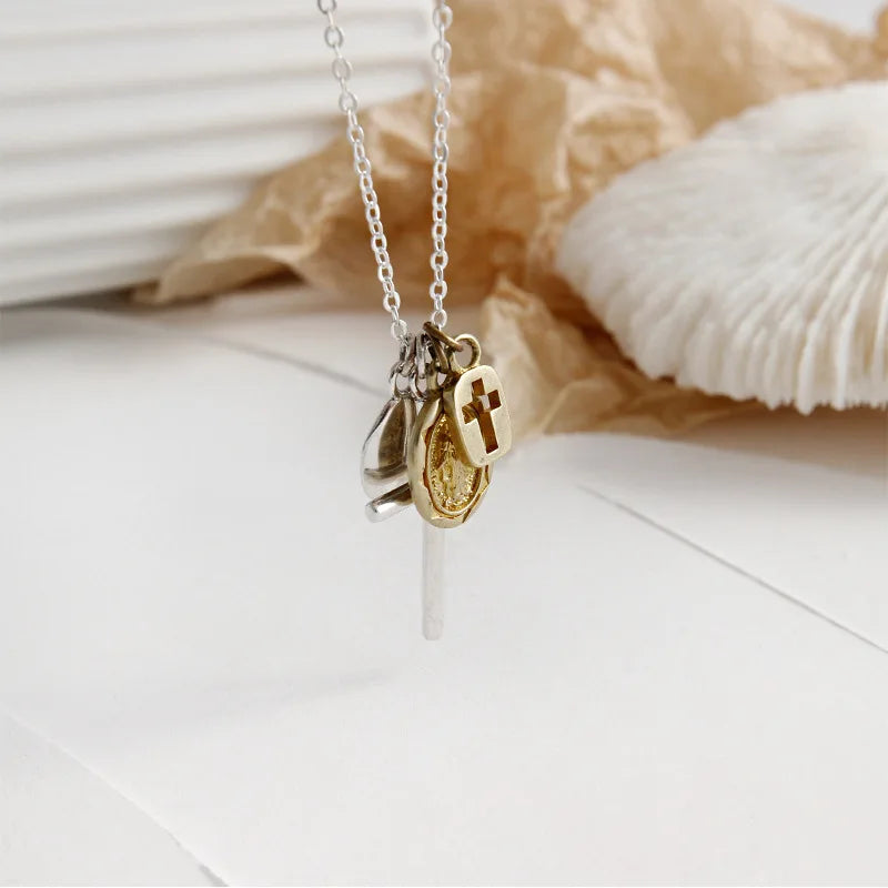 925 Sterling Silver Necklace Cross Portrait Coin Tag Pendant Personality Jewelry