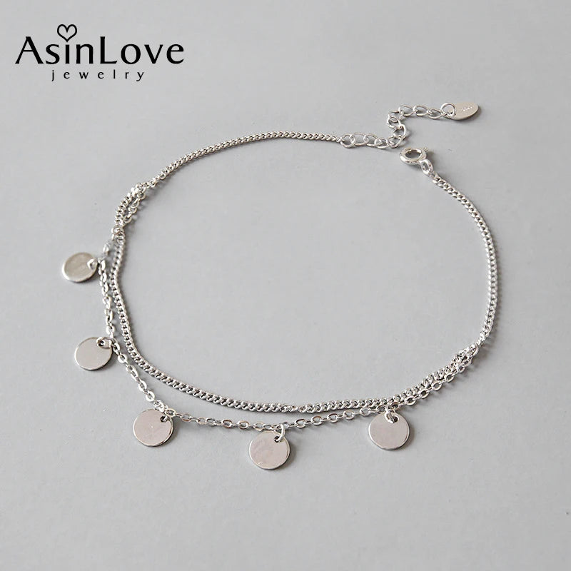 925 Silver Round Tassel Anklet Geometric Double Layer Fine Jewelry