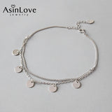 925 Silver Round Tassel Anklet Geometric Double Layer Fine Jewelry