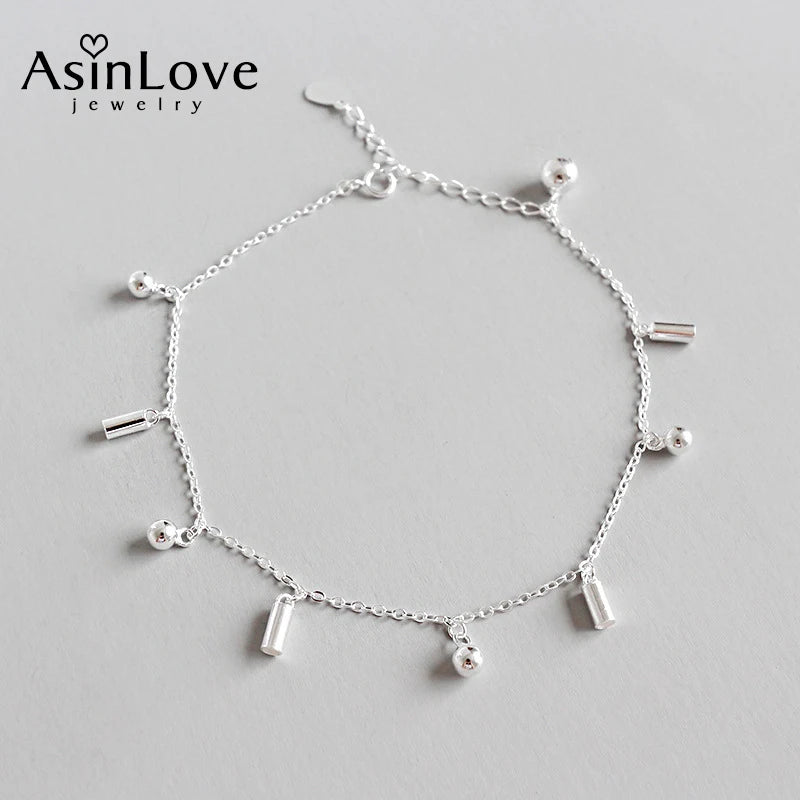 925 Sterling Silver Tassel Anklet for Women Geometry Round Column Bells