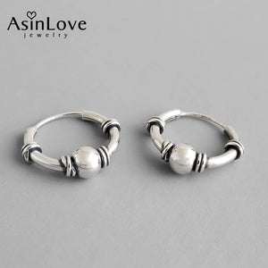 925 Sterling Silver Vintage Punk Round Bead Hoop Earrings