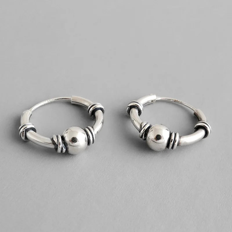 925 Sterling Silver Vintage Punk Round Bead Hoop Earrings