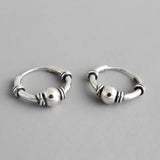 925 Sterling Silver Vintage Punk Round Bead Hoop Earrings