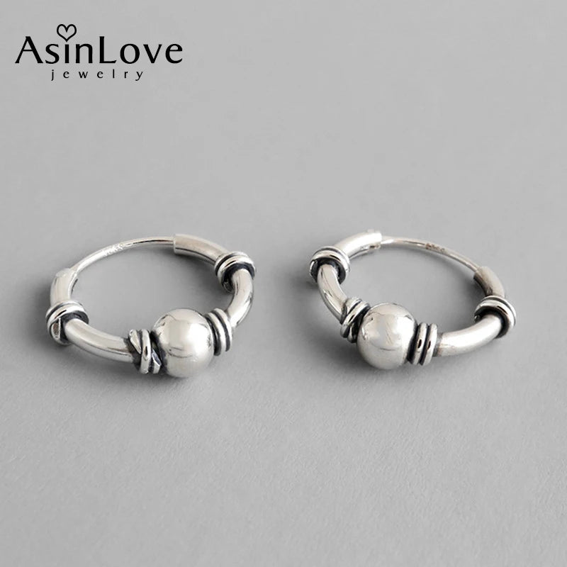 925 Sterling Silver Vintage Punk Round Bead Hoop Earrings
