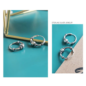 925 Sterling Silver Vintage Punk Round Bead Hoop Earrings