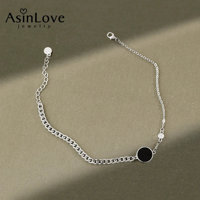 Enamel Zircon 925 Silver Asymmetric Chain Anklets for Women
