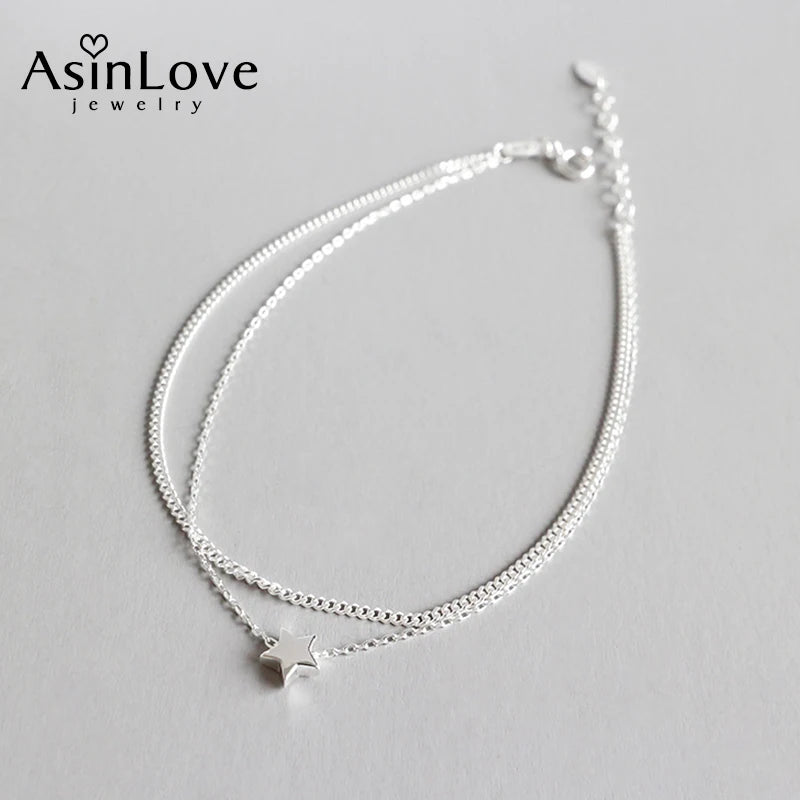 Double Layer Star Anklet Women 925 Sterling Silver Charm Summer Accessory