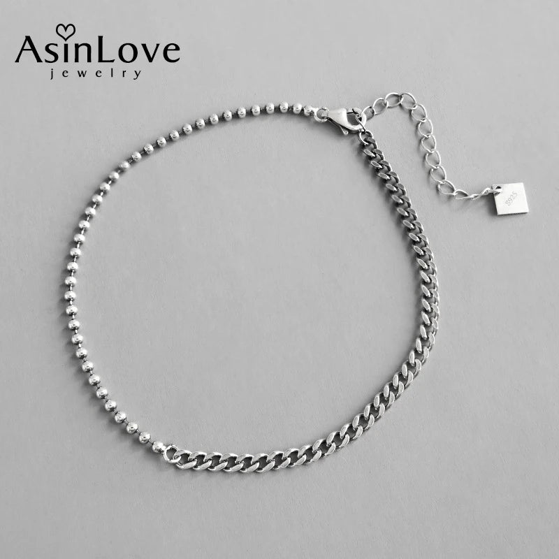 Vintage Beads Chain Asymmetric Anklets 925 Silver Jewelry