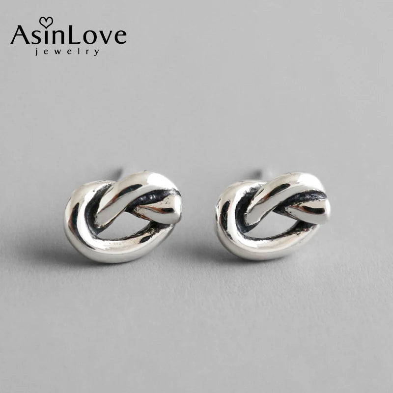 Vintage Knot Tiny Stud Earrings 925 Sterling Silver Unique Fine Jewelry Women