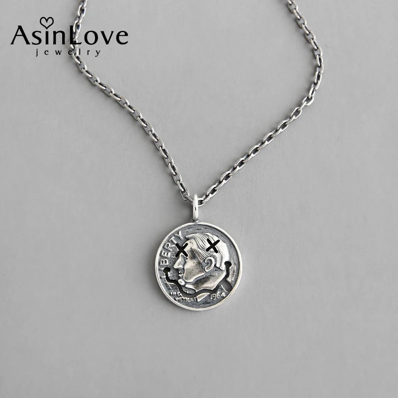 Vintage Portrait Coin Round Pendant Necklace 925 Sterling Silver