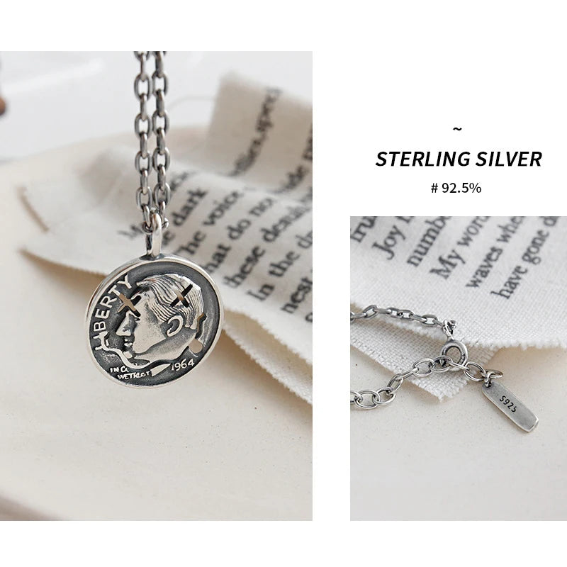 Vintage Portrait Coin Round Pendant Necklace 925 Sterling Silver