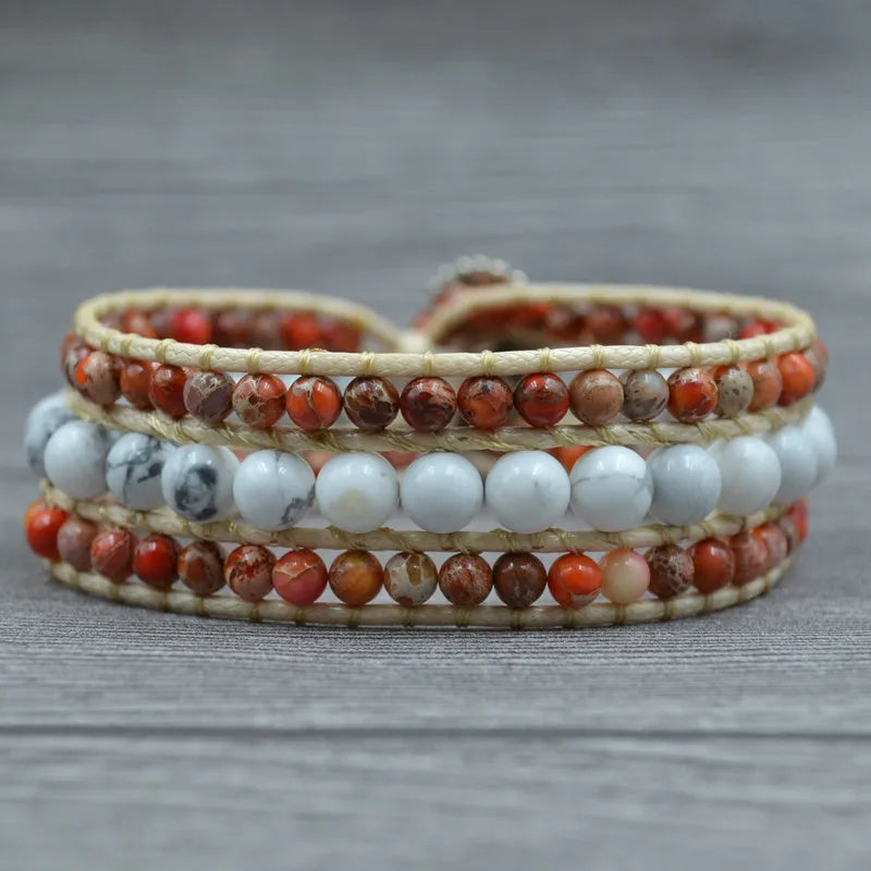 Boho Howlite Stone 3 Wrap Yoga Bracelet for Women