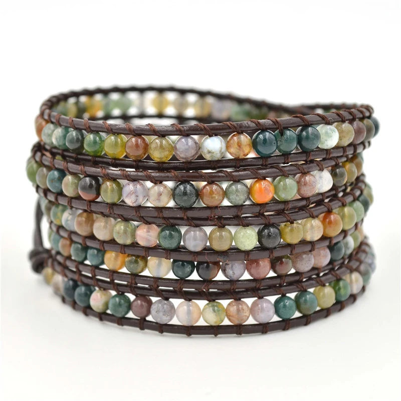Boho 5 Wrap Leather Bracelet with Agate Stone Beads