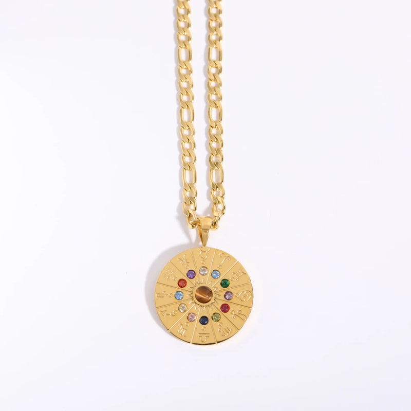 Astrolabe Stainless Constellation Necklaces Zodiac Sign Birthstone Necklace