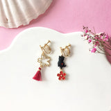 Red Sakura Enamel Cat Clip-On Earrings Chinese Japanese Style