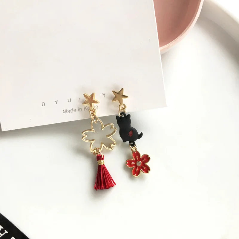 Red Sakura Enamel Cat Clip-On Earrings Chinese Japanese Style