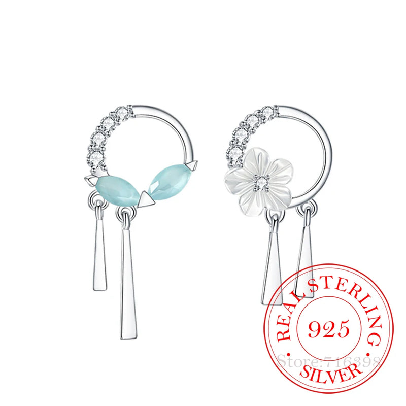 Moonstone Flower Stud Earrings Tassel Long Earrings 925 Sterling Silver Jewelry