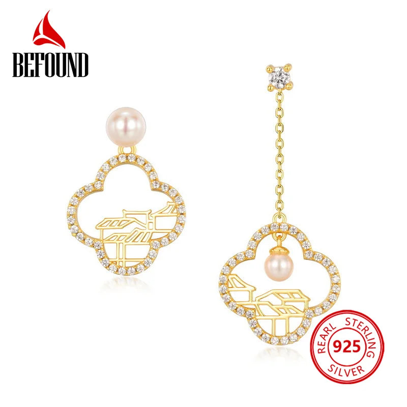 Vintage Dangle Earrings 925 Sterling Silver Plated Pearl Building Pattern