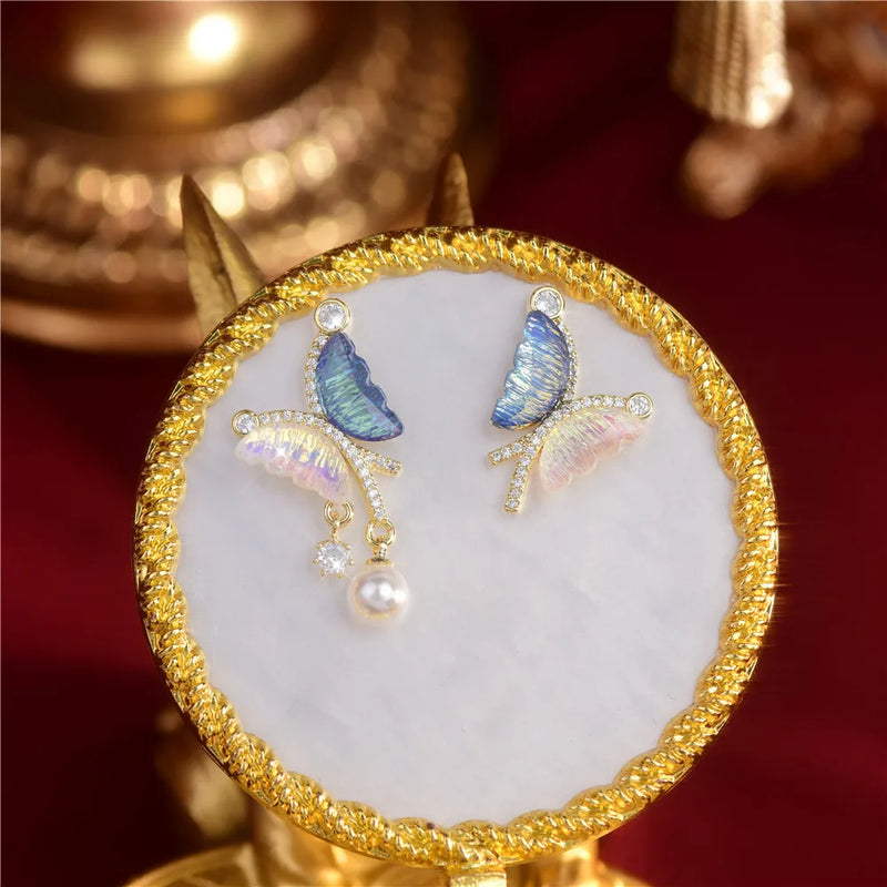 Zircon Butterfly Pearl French Earrings Sweet Wind Joker Women Jewelry