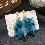 Feather Tassel Long Earrings with Pearls Rhinestones
