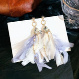 Feather Tassel Long Earrings with Pearls Rhinestones