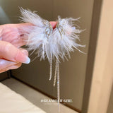Feather Tassel Long Earrings with Pearls Rhinestones