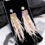 Feather Tassel Long Earrings with Pearls Rhinestones