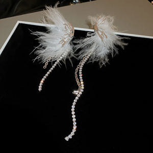 Feather Tassel Long Earrings with Pearls Rhinestones