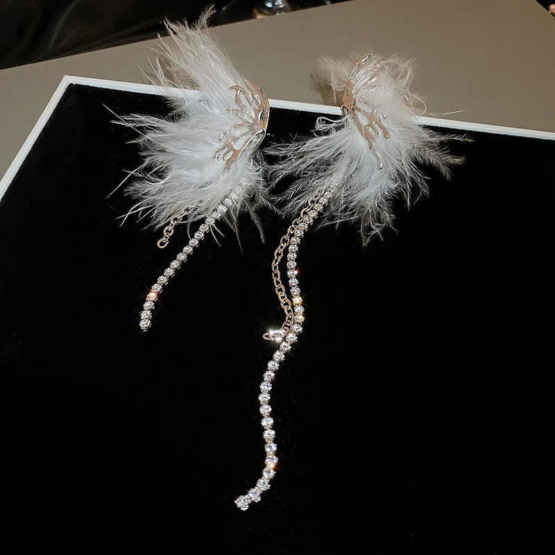 Feather Tassel Long Earrings with Pearls Rhinestones