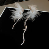 Feather Tassel Long Earrings with Pearls Rhinestones
