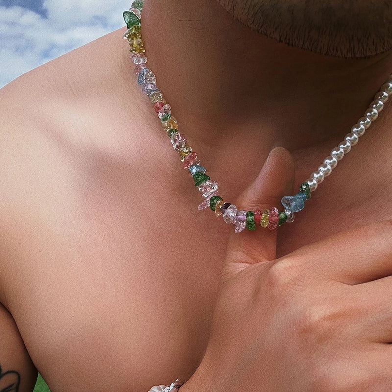 Boho Pearl & Colorful Stone Beads Choker Necklace for Men