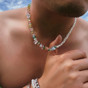 Boho Pearl & Colorful Stone Beads Choker Necklace for Men