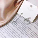 Asymmetry Earrings 925 Silver Zircon Pearl Tassel Circle & Triangle