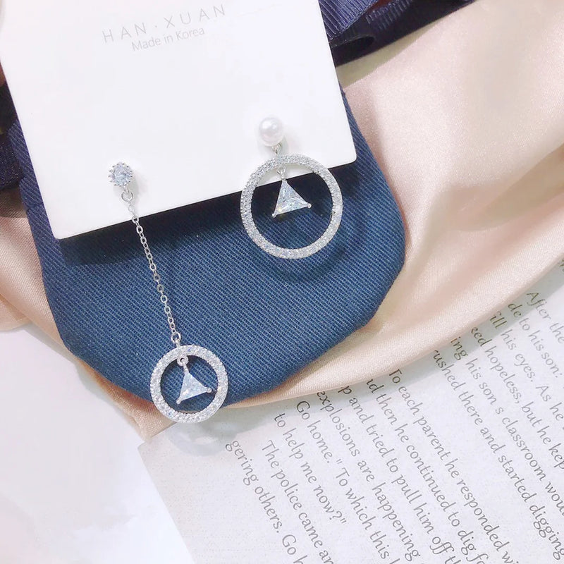 Asymmetry Earrings 925 Silver Zircon Pearl Tassel Circle & Triangle