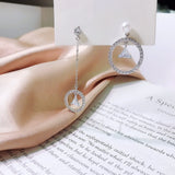 Asymmetry Earrings 925 Silver Zircon Pearl Tassel Circle & Triangle