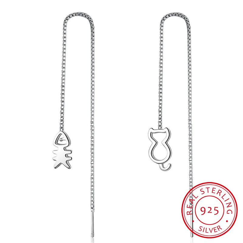 925 Silver Small Cat Fish Dangle Earrings Asymmetry