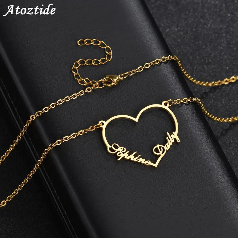 Atoztide Stainless Steel 2 Name Heart Necklace Letter Choker Necklace Pendant