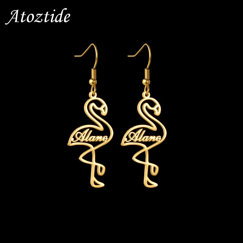 Flamingo Bird Name Earrings - Personalized Stainless Steel