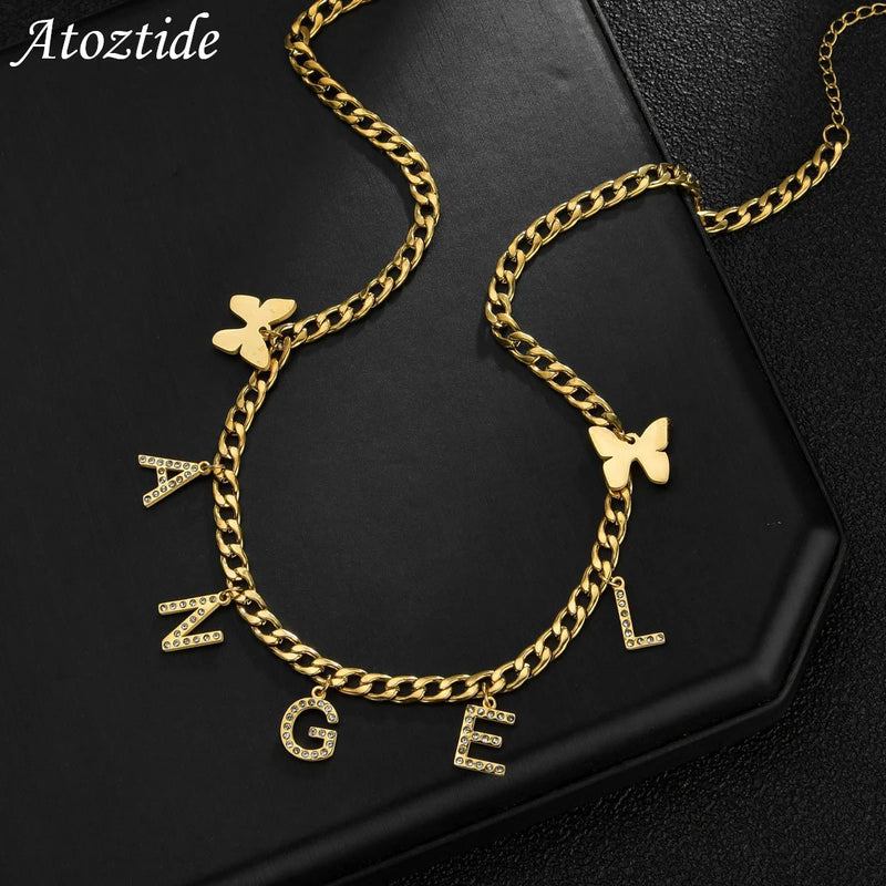 Atoztide Butterfly Stainless Steel Necklaces Letter Pendant for Women