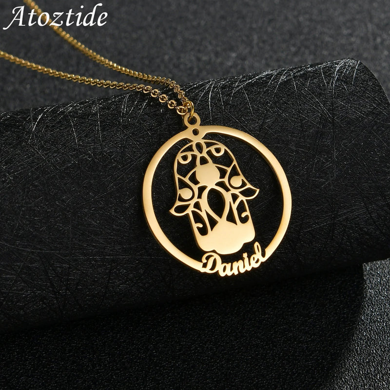 Atoztide Hand of Fatima Name Pendant Necklace