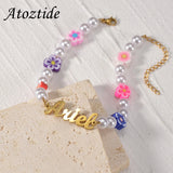 Personalized Name Bracelet Stainless Steel Flower Bead Box Chain Engraved Handwr