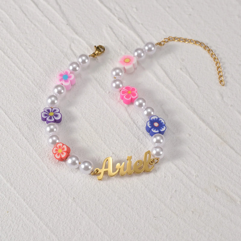 Personalized Name Bracelet Stainless Steel Flower Bead Box Chain Engraved Handwr