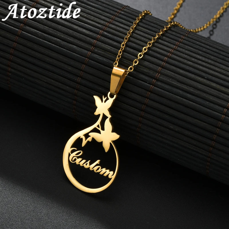 Atoztide Stainless Steel Butterfly Necklace Personalized Name Pendant