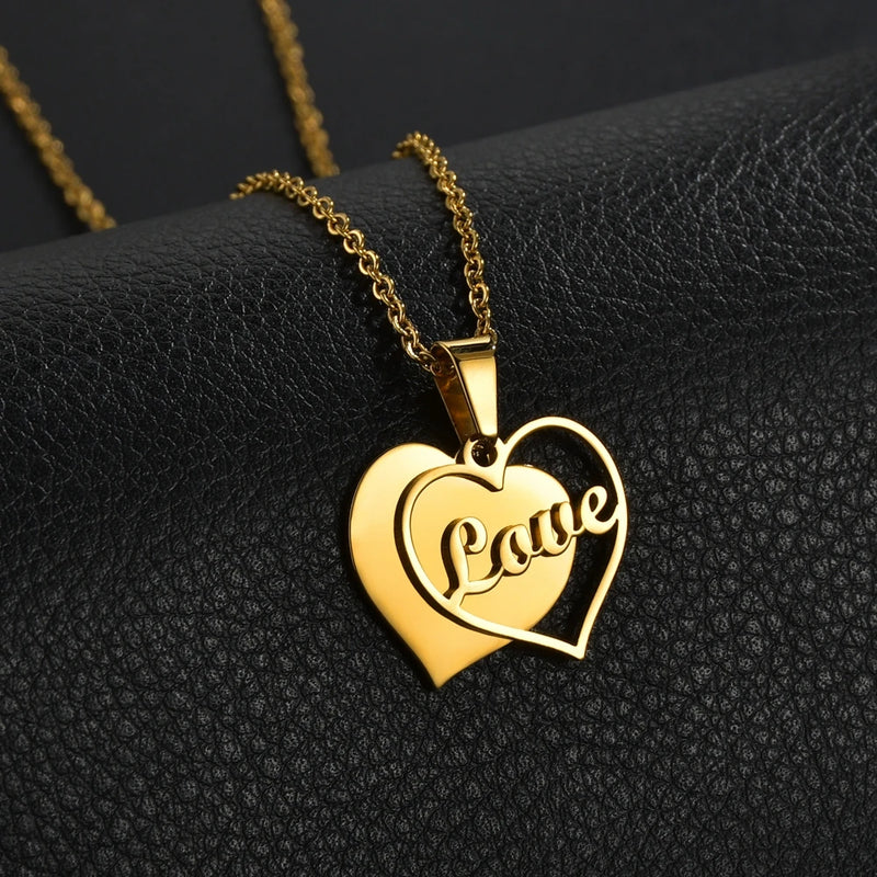 Love Heart Pendant Name Necklace Women, Stainless Steel Letter Necklace