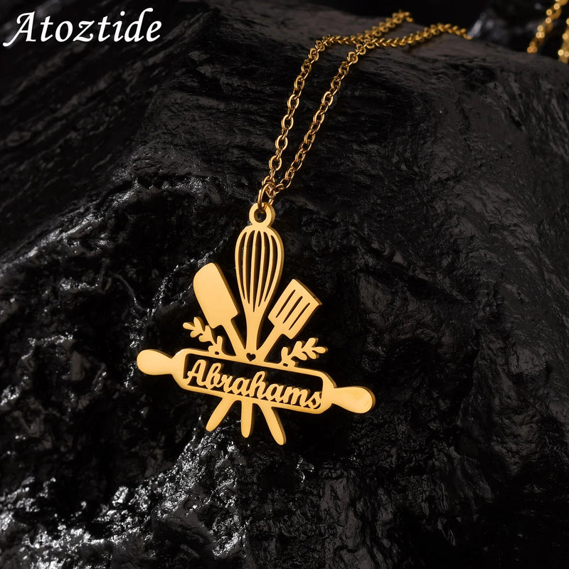 Atoztide Custom Cooking Name Necklace Letter Nameplate Chain