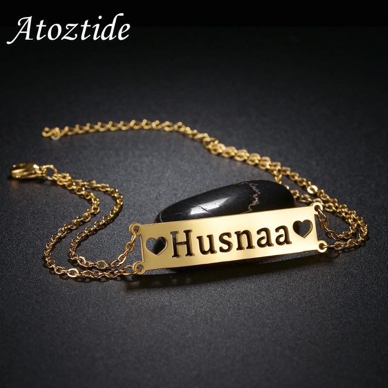Atoztide Hollow Name Heart Bracelet for Women Stainless Steel Charms Bangle