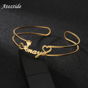 Personalized Name Crown Heart Bangle Bracelet