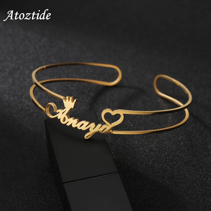 Personalized Name Crown Heart Bangle Bracelet