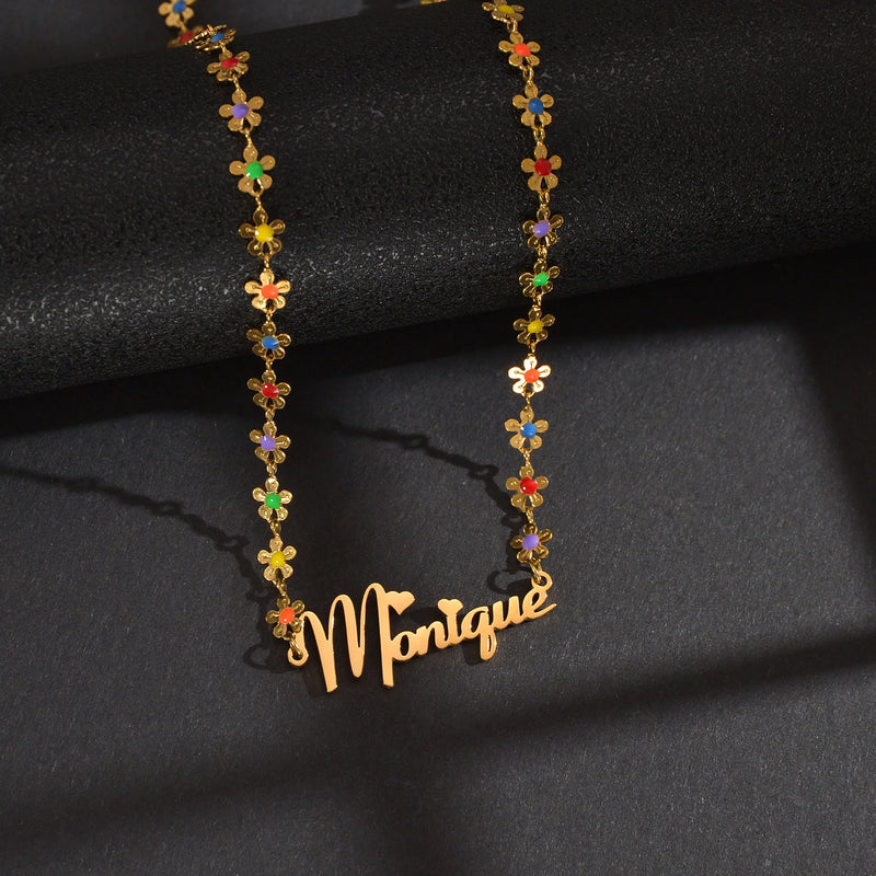Atoztide Name Necklace for Women Oil Flower Stainless Steel Letter Pendant